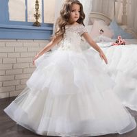 Wholesale 2020 Hot Cheap White ivory Flower Girl Dress Trailer Puffy Wedding party Dress Girl First Communion Eucharist Attended Princess Lace