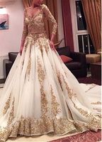 Wholesale Luxury Gold Lace White Wedding Dress V neck With Long Illusion Sleeves Crystal Beaded Sequins New Wedding Dresses Bridal Gowns