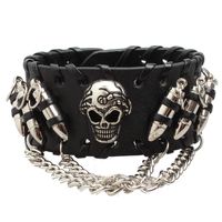 Wholesale Men s Punk Black Leather bracelet vintage harley motorcycle skull skeleton bullet charms Biker bracelets Bangle For man Fashion Jewelry