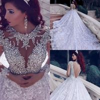 Wholesale Luxury Bling Arabic Wedding Dress Beaded Crystal Long Sleeves High Neck Vintage Bridal Gowns Sparkly Long Train Lace Backless robe de mariée