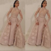 Wholesale 2019 High Neck Mermaid Prom Dresses With Detachable Train Blush Pink Full Lace Appliqued Illusion Bodice Long Sleeevs Formal Evening Gowns