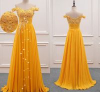 Wholesale Hand Made Flowers Embroidered Yellow Prom Dresses Off Shoulder Crystal Pleats Chiffon vestido de novia Dresses Evening Wear Party Formal
