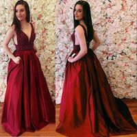 Wholesale Sexy Dark Red A Line Evening Dresse With Pocket Satin Floor LEngth Backless Deep V Neck Formal Long Prom Party REd Carpet Dresses