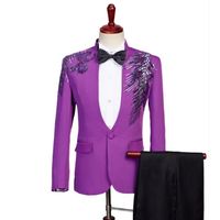 Wholesale Purple Blazer men suit set with pants mens wedding suits Sequin singer star style dance Chorus stage clothing slim formal dress