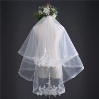 Wholesale Simple Double Layers Tulle Flower Short Wedding Veils with Comb Korean Beige Shoulder Length Bridal Veils for Women