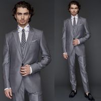 Wholesale Light Grey Three Pieces Jacket Pant Vest Formal Business Men s Suits With Peaked Lapel Two Buttons Wedding Bridegroom Tuxedos