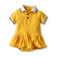 Wholesale Summer Infant Girls Princess Romper Fashion Kids Lapel Stripe Short Sleeve Ruffle tutu Jumpsuit Cute Yellow Baby Cotton Onesie Y2327