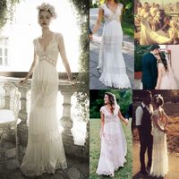 Wholesale Vintage lihi hod Wedding Dresses Sheer Deep V Neck Backless Bohemia Lace Applique Wedding Gowns Chiffon Court Train Long Bridal Dress