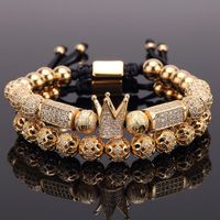 Wholesale 2pcs set Charm Luxury Gold Bracelet Men Male Stainless Steel Beads Crown Cz Zircon Braided Female pulseira Gift Valentine s Day Holiday Christmas
