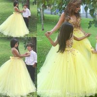 Wholesale 2019 Cute Yellow Flower Girls Dress High Quality See Though Tulle Floral Appliques Floor Length Long Special Occasion Dresse Pageant Dress
