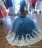 Wholesale New Design Mint Green Girls Pageant Dresses Ball Gown Lace Appliqued Butterflies Kids Evening Prom Party Gowns