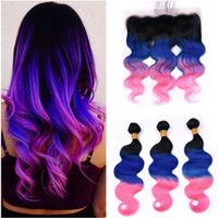 Wholesale B Blue Pink Ombre Malaysian Human Hair Bundles with Frontal Closure x4 Body Wave Tone Ombre Full Lace Frontal with Weave Wefts