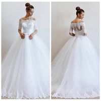 Wholesale Decent Off the shoulder Tulle Sexy Wedding Dress with Sleeves Ball Gown Lace Appliques Fit and Flare Wedding Dress Bodice vestidos de noche