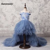 Wholesale Dusty Blue High Low Long Feather Pageant Dresses For Girls Appliques Pearl Ruffles Flower Girl Dress Off Shoulder Comunion Dress