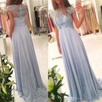 Wholesale Elegant Chiffon A Line Evening Dresses Light Blue Beads Crystal Short Sleeves Empire Prom Gowns Custom Size Formal Party Gowns
