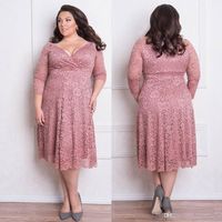 Wholesale Plus Size Elegant Lace Formal Dresses With Long Sleeves V Neck Knee Length Evening Gowns A Line Short Prom Dress Mother of Bride Dress