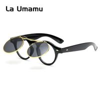 Gold Flip up Circle Steampunk Glasses Goggles Cyber Round Sunglasses UK Black
