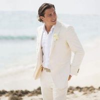 Wholesale Summer Beach Ivory Linen Men Suits For Wedding Suits Groom Wear Custom Made Bridegroom Slim Fit Casual Tuxedos Best Man Blazer Jacket Pants