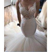 Wholesale Spaghetti V Neck See Though Lace Top Mermaid Wedding Dresses Sexy Tull Bottom Ruffle Beach Wedding Bridal Gowns