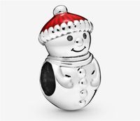 Wholesale Authentic Christmas Snowman Red Winter Hat Charm S925 Sterling Silver Bead Stitch Charms Fit For Pandora Bracelet DIY Beads