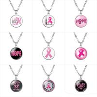 Wholesale Breast Cancer Awareness Pink ribbon necklaces For women Glass Faith Hope Cure Believe Letter Pendant chains Fashion Jewelry in Bulk