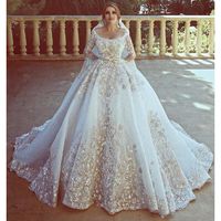Wholesale 2019 Ball Gown Dubai Wedding Dresses Spring Summer D Appliques Long Sleeves Bridal Gowns Scoop Neckline Wedding Vestidos Custom Made