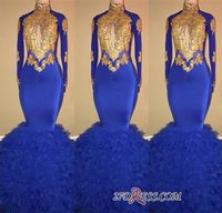 Wholesale 2019 Royal Blue Prom Dress Mermaid Formal Party Gown Long Sleeve Black Girl Evening Dresses Sexy Mermaid Custom Made Plus Size Dresses
