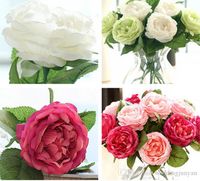 Wholesale Charming Artificial Silk Fabric Roses Peonies Flowers Bouquet White Pink Orange Green Red for wedding home hotel decor