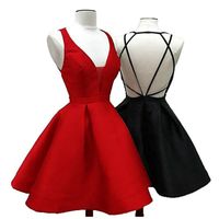 Wholesale Real Photos Sexy Backless Short Prom Dresses V neck Satin Cocktail Dress A Line Short Homecoming Dress Mini Graduation Party Gowns Cheap