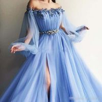 Wholesale Off The Shoulder Evening Dresses Puff Sleeves Appliques Beaded Tulle Split Light Sky Blue Party Gowns Lavender Prom Dresses