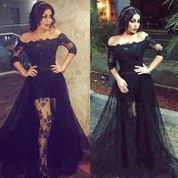 Wholesale Vintage Black Lace Evening Dresses Bateau Neck Half Sleeve Pageant Sheer Plus Size Arabic Formal Party Prom Dresses For Special Occasion
