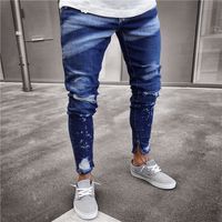 Wholesale Men s Jeans Mens Fashion High Street Ripped Pants Streetwear Painted Distressed Denim Trousers Ankle Zipper Washed