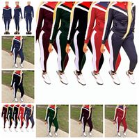 Wholesale European spring and summer casual fashion striped double pocket zipper stand collar long sleeve sports suit Support mixed batch