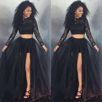 Wholesale Modest Front Split Crop Top Two Piece Prom Dresses Long Sleeves Black Girls Illusion Sheer Lace A Line Women Evening Dress Gown