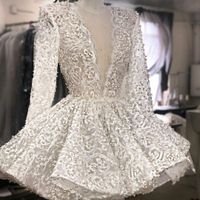 Wholesale Real Image Lace Cocktail Dresses Long Sleeves Beaded Mini Skirt Short Prom Gowns Deep V Neck Celebrity Dress