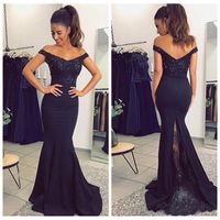 Wholesale Hot Style Black Evening Dresses Off shoulder Long Party Gowns Mermaid Lace Appliques Sequins with Fish Tail Zipper Up Vogue Prom Outfits