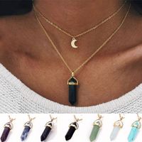 Wholesale Natural Stones Moon Pendants Necklace Double Layer Gold Link Chains Women Crystal Quartz Bullet Hexagonal Prism Point Healing Charm Jewelry