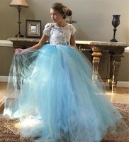 Wholesale Ivory Blue Flower Girl Dresses Short Sleeves Girl Pageant Formal Occasion Junior Bridesmaid Dresses