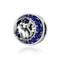 Wholesale Fashion Blue CZ Sterling Silver Moon Cat Round Bead Charm Fit snake Chain Bracelet Pave Setting Fit Pandora