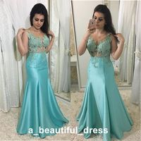 Wholesale Turquoise Blue Prom Dresses Appliques Illusion Bodice Long Satin Party Dress Mermaid Women Formal Gowns Evening Dresses ED1280