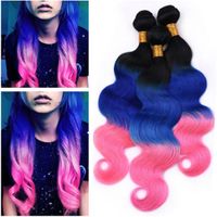 Wholesale B Blue Pink Ombre Human Hair Extensions Body Wave Three Tone Virgin Hair Extensions Dark Root Blue and Pink Ombre Brazilian Hair Weaves