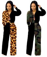 Wholesale Women panelled Jumpsuits Rompers leopard camouflage sexy club jogger suit Cardigan bodysuit fall winter clothing long sleeve sportswear