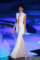 Wholesale Miss Universe Pageant Evening Dresses White High Neck Bling Crystals Cap Sleeve Tulle Mermaid Cheap Celebrity Gowns Formal Prom Dresses