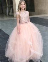 Wholesale Pink Girls Pageant Dresses Sequined Sexy African Flower Girl Dresses Two Pieces Tulle Little Girl Wedding Party Dresses Cheap Communion Gown