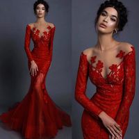Wholesale Chic Red Beaded Mermaid Evening Dresses Sheer Jewel Neck Long Sleeves Prom Gowns Floor Length Tulle Plus Size Appliqued Formal Dress
