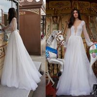 Wholesale Julie Vino Long Sleeve A Line Wedding Dresses Sexy Lace Beaded Deep V Neck Sequins Boho Bridal Gowns