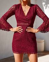 Wholesale Women Spring Autumn Dresses New Fashion Lace Flare Bell Sleeve Bodycon Dress Lady Sexy V Neck Casual Party Evening Dress Wine Red White