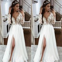 Wholesale Elegant Boho Tulle White Wedding Dresses Long Sleeve Lace Appliques Side Slit Wedding Gowns New Ivory Country Beach Wedding Dress New