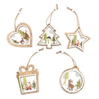 Wholesale 5pcs set Christmas Tree Ornaments Hanging Xmas Tree Openwork Wooden Bells Five pointed Star Wooden Window Pendant Decoration