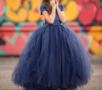 Wholesale Navy Blue Flower Girls Dresses Little Baby Infant Toddler Baptism Clothes With Tutu Tulle Bow Ball Gowns Birthday Party Cheap Custom Made